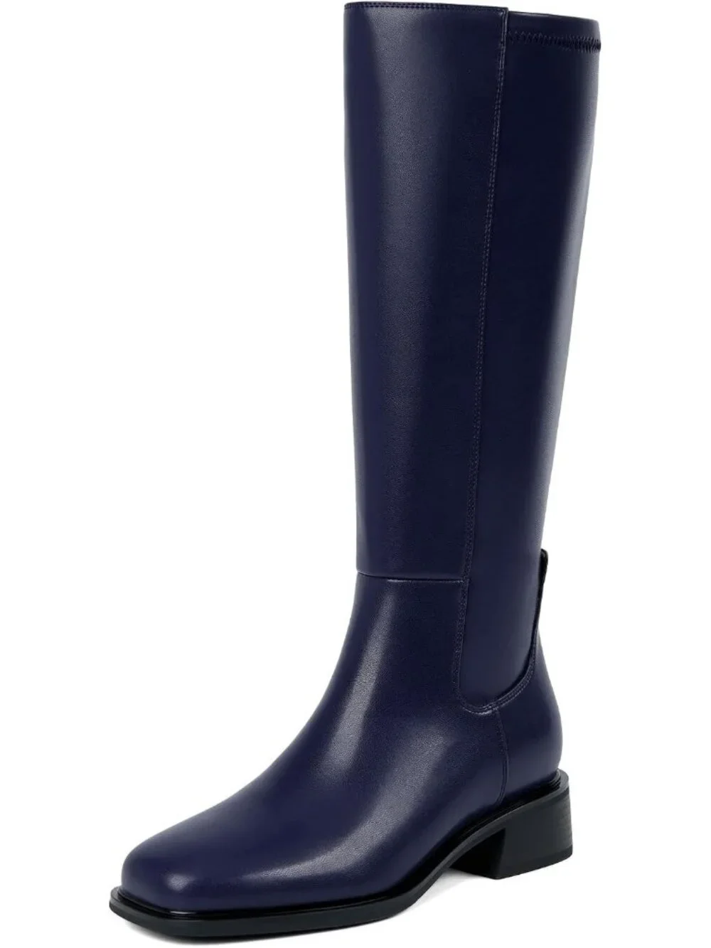 Women's Navy Faux Leather Square Toe Knee High Stretch With Side Zipper Boots